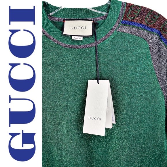 NWT GUCCI Metallic Green Short Sleeve Crew Neck Mini T-Shirt Dress, Size Small - Picture 13 of 13